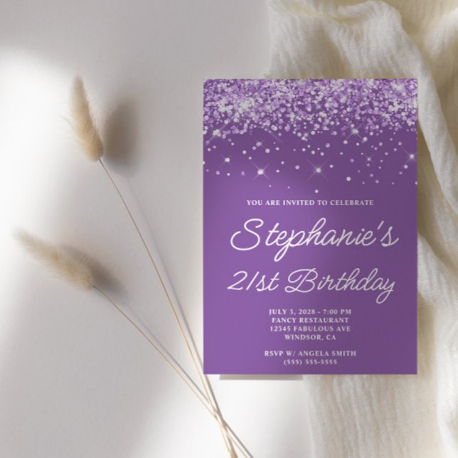 Glittery Blek Lila 21:a födelsedagen Inbjudningar (Purple Glam 21st Birthday Invites)