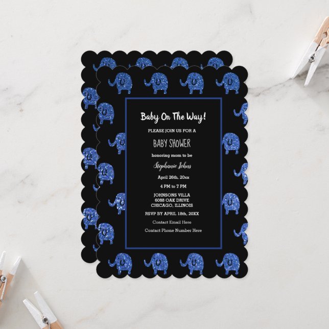 Glittery Blue Baby Shower Elephant Animals Black Inbjudningar (Fram/Back In Situ)