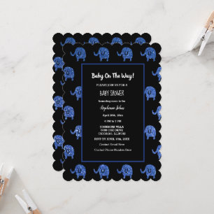 Glittery Blue Baby Shower Elephant Animals Black Inbjudningar