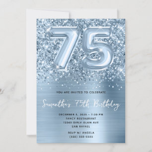Glittery Blue Balloon Glam 75:e Birthday Inbjudningar