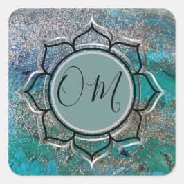 Glittery Blue Elegant OM Lotus Fyrkantigt Klistermärke