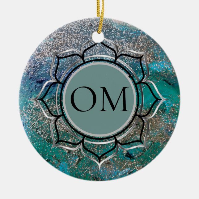 Glittery Blue Elegant OM Lotus Julgransprydnad Keramik (Framsidan)