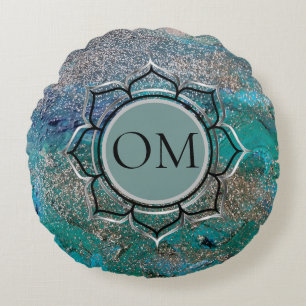Glittery Blue Elegant OM Lotus Rund Kudde