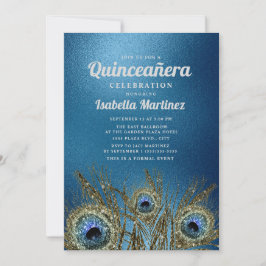 Glittery Blue Guld Peacock Feathers Quinceañera Inbjudningar
