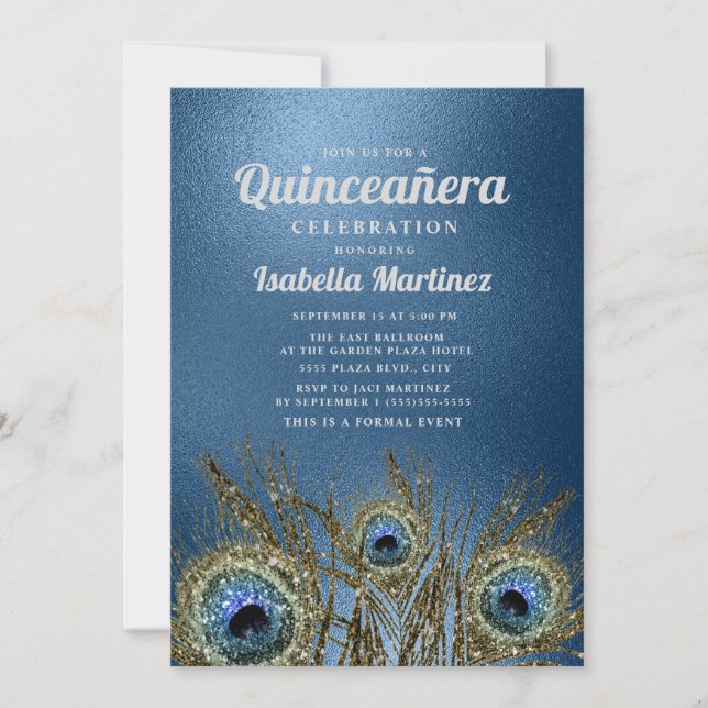 Glittery Blue Guld Peacock Feathers Quinceañera Inbjudningar (Framsida)