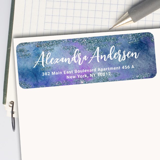 Glittery Blue Lila Watercolor Returadress Returadress Etikett (Skapare uppladdad)