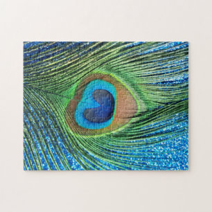 Glittery Blue Peacock Feather still Life Pussel