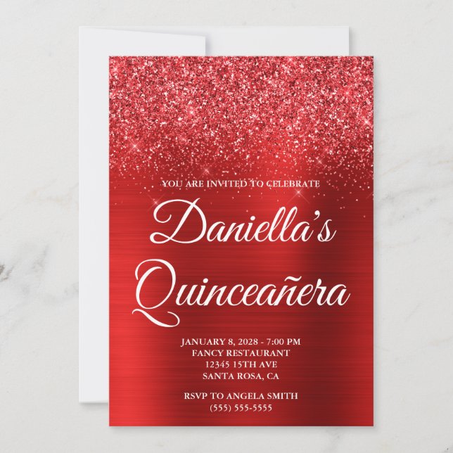 Glittery Bright Red Foil Quinceañera Inbjudningar (Framsida)