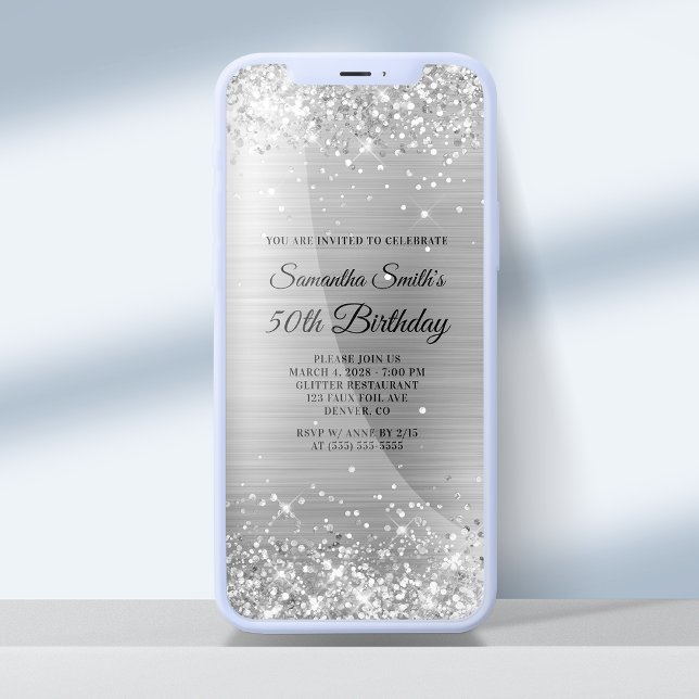 Glittery Brushed Silver Foil 50:e födelsedagen Inbjudningar (Skapare uppladdad)