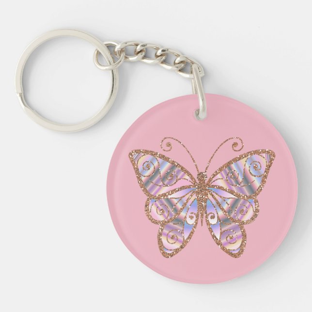 Glittery Butterfly Personlig Rosa Nyckelring (Framsidan)