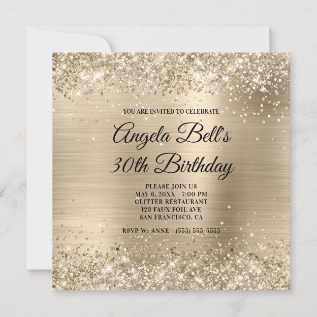 Glittery Champagne Gold Foil Finare Monogram Inbjudningar (Framsida)