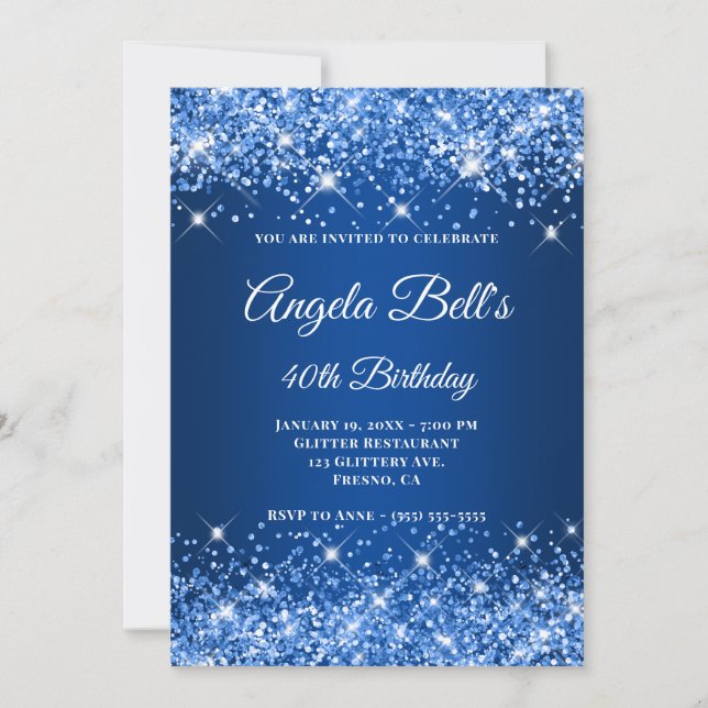 Glittery Deep Blue Ombre Finare Monogram Inbjudningar (Framsida)