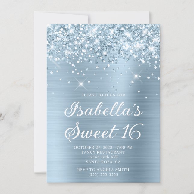 Glittery Dusty Blue Foil Sweet 16 Photo Inbjudningar (Framsida)