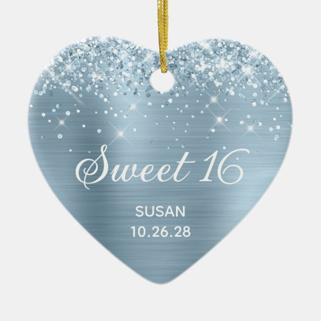 Glittery Dusty Blue Foil Sweet 16 Photo Julgransprydnad Keramik (Framsidan)
