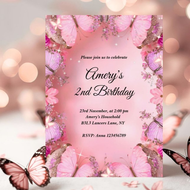 Glittery Elegant Pink Purple Butterfly Birthday Inbjudningar (butterfly birthday invitation, pink butterfly birthday, little butterfly birthday, our little butter)