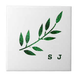 Glittery Emerald Grönt Löv Monogram Gift Favor Kakelplatta