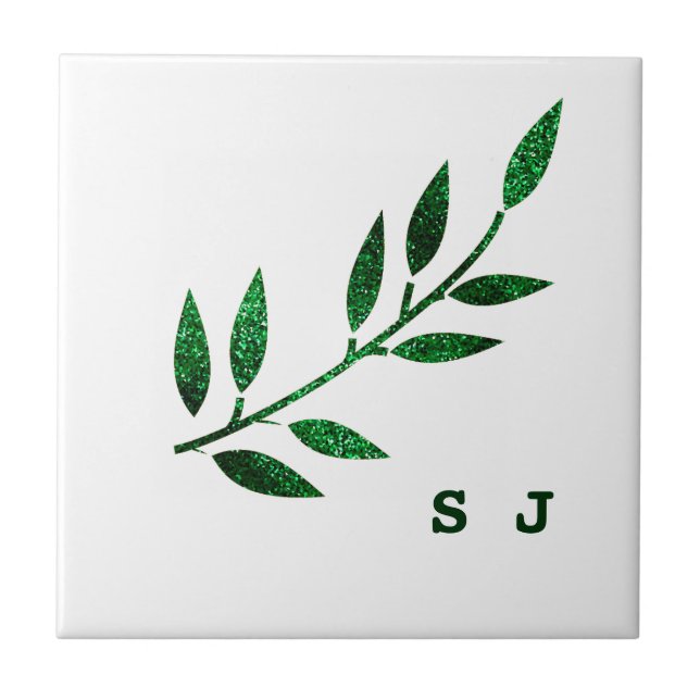 Glittery Emerald Grönt Löv Monogram Gift Favor Kakelplatta (Framsidan)