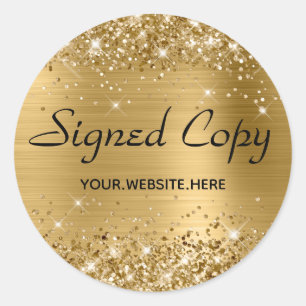 Glittery Faux Gold Foil Signerad kopia med URL Runt Klistermärke