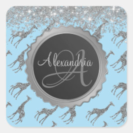 Glittery Giraffe on Blue Monogram Personlig Fyrkantigt Klistermärke