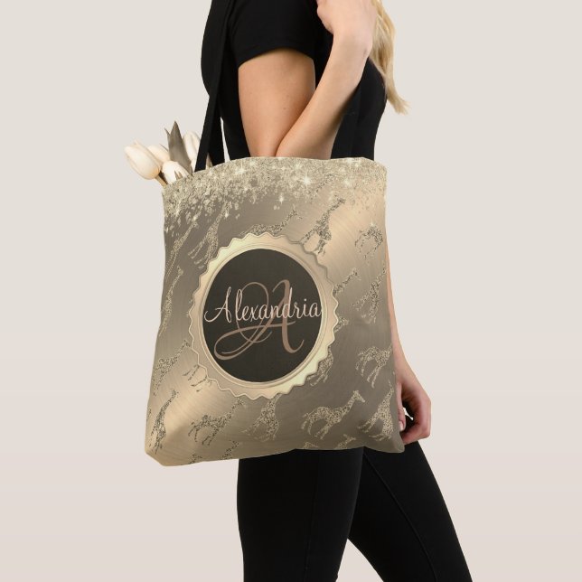 Glittery Giraffes on Glitzy Guld Monogram Tote Bag Tygkasse (Närbild)