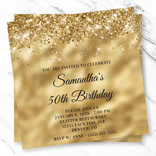 Glittery Glossy Guld Metallic look 50:e födelsedag Inbjudningar (Glittery Glossy Gold Metallic Look 50th Birthday Invitation)
