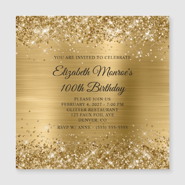 Glittery Gold Foil 100 Birthday Magnetisk Inbjudningskort (Framsida)