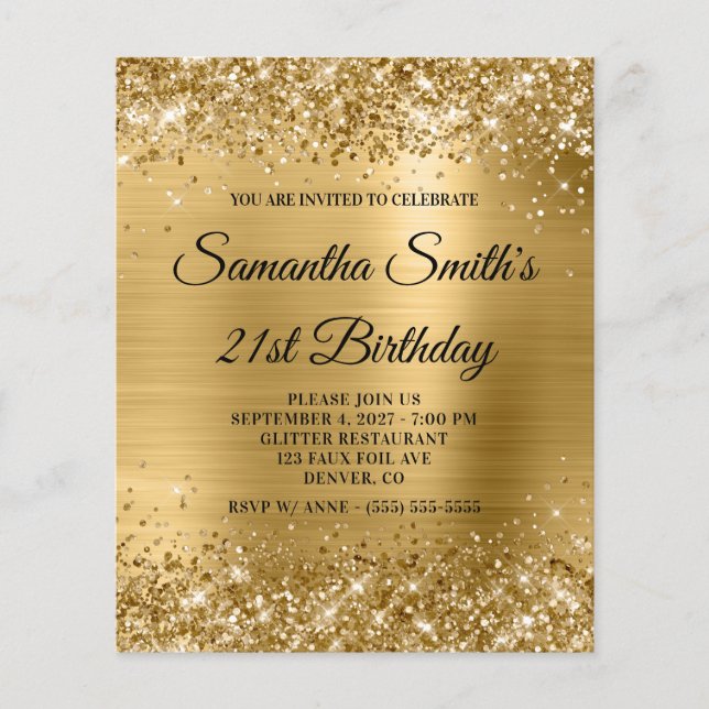 Glittery Gold Foil 21 Birthday Inbjudan Flygblad (Framsidan)