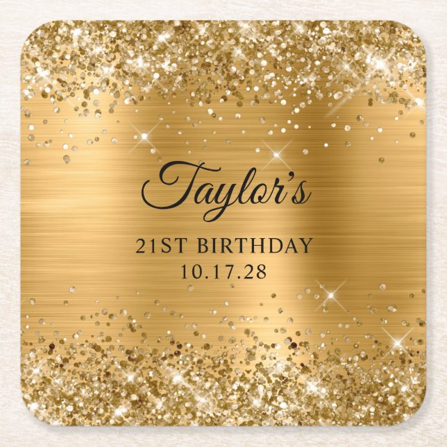 Glittery Gold Foil 21st Birthday Underlägg Papper Kvadrat (Framsidan)