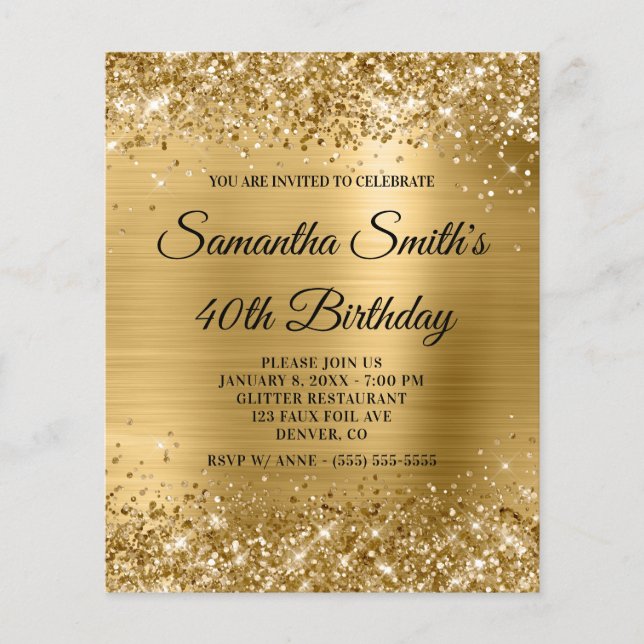 Glittery Gold Foil 40 Birthday Inbjudan Flyer (Framsidan)