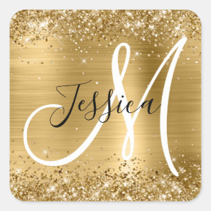 Glittery Gold Foil Black and White Monogram Fyrkantigt Klistermärke