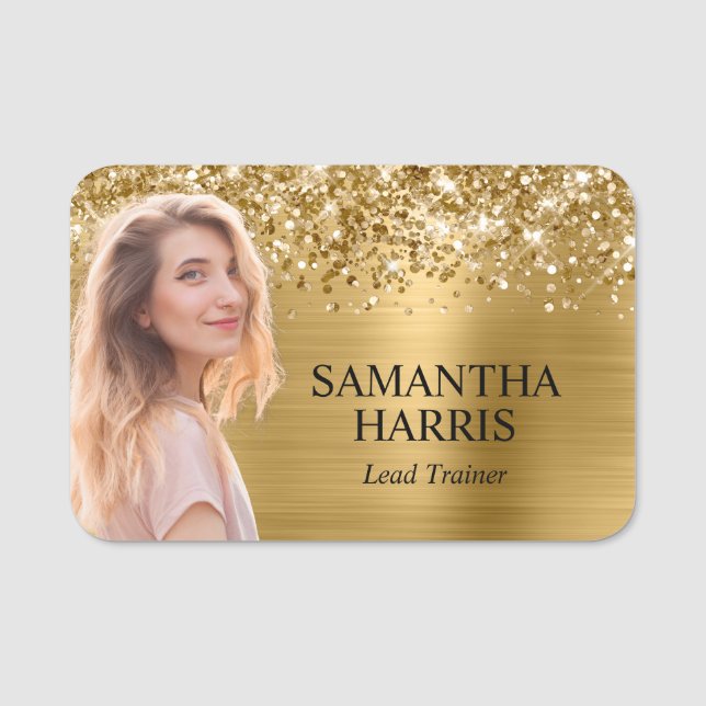 Glittery Gold Foil Cutout Photo Namnbricka (Framsida)