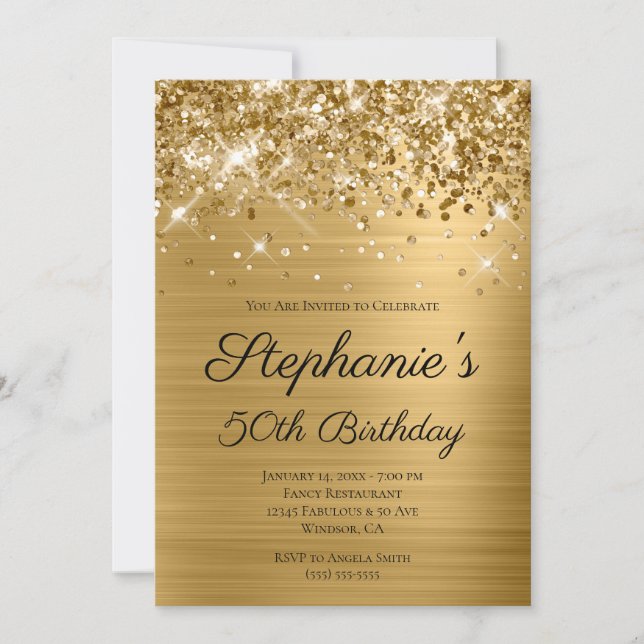 Glittery Gold Foil Elegant Script 50:e födelsedage Inbjudningar (Framsida)