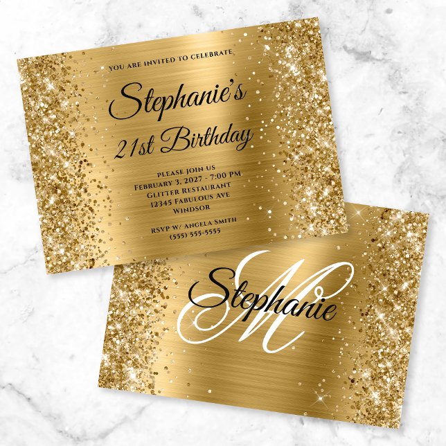 Glittery Gold Foil Finare Monogram 21:a födelsedag Inbjudningar (Skapare uppladdad)