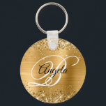 Glittery Gold Foil Finare Monogram Nyckelring<br><div class="desc">Elegant guld glitter med gnistor mot en motsvarande bild av metall med faux-borstad folie. Det går att anpassa kalligrafimonogrammet för svart och vitt finare i mitten. All sparsam och glansig inslag i denna moderna gigantiska design är digital grafik. Monogrammed värdefull cirkel formar nyckelring party favors för hennes speciella födelsedag.</div>