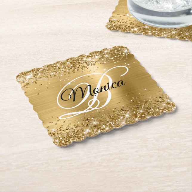 Glittery Gold Foil Finare Monogram Underlägg Papper (Vinklad)