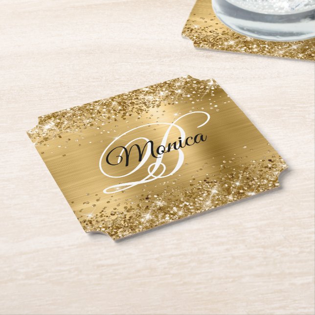 Glittery Gold Foil Finare Monogram Underlägg Papper (Vinklad)