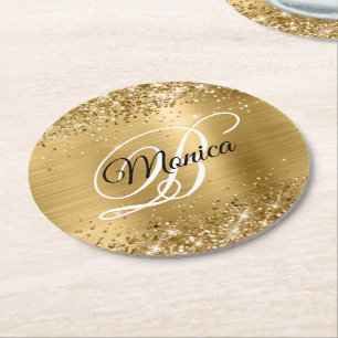 Glittery Gold Foil Finare Monogram Underlägg Papper Rund