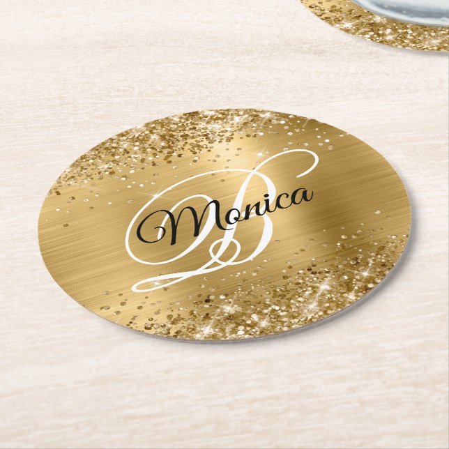Glittery Gold Foil Finare Monogram Underlägg Papper Rund (Vinklad)