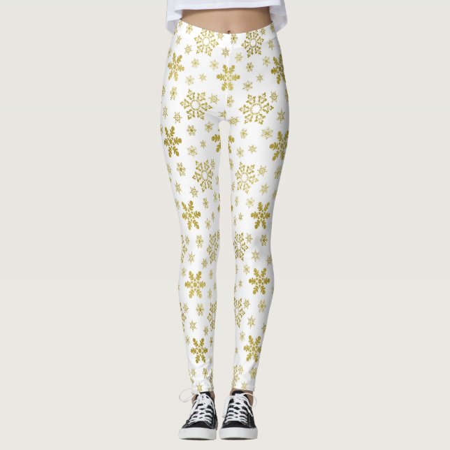 Glittery Gold Foil jul Snowflake Mönster Leggings (Framsida)
