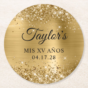 Glittery Gold Foil Mis XV Anos Birthday Underlägg Papper Rund