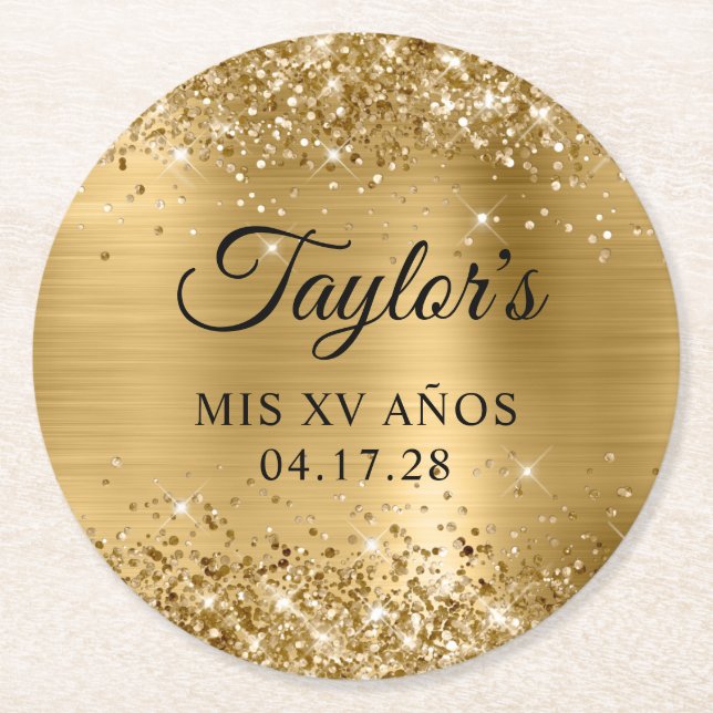 Glittery Gold Foil Mis XV Anos Birthday Underlägg Papper Rund (Framsidan)
