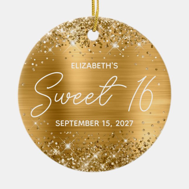Glittery Gold Foil Modern Finare Sweet 16 Photo Julgransprydnad Keramik (Framsidan)