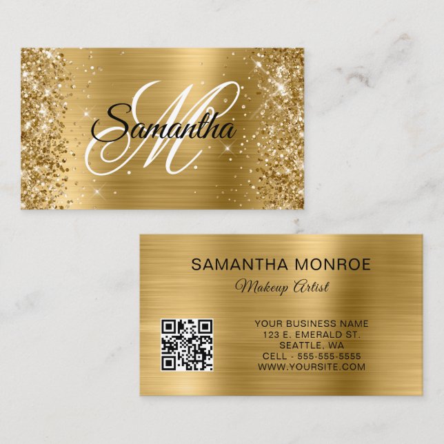 Glittery Gold Foil Monogram QR-kod Visitkort (Fram/baksida)