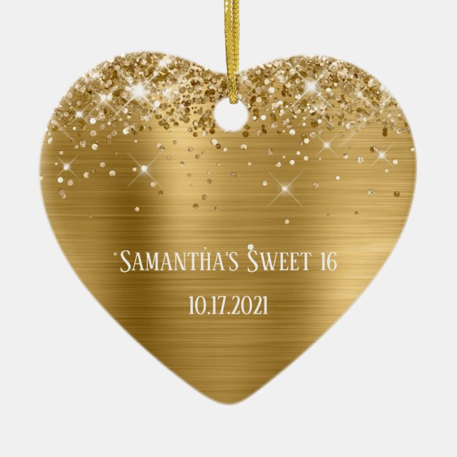 Glittery Gold Foil Personlig Sweet 16 Julgransprydnad Keramik (Framsidan)