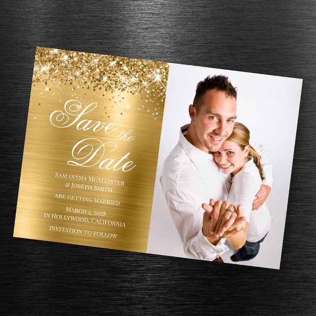 Glittery Gold Foil Photo Save Date Magnetisk Inbjudningskort (Skapare uppladdad)