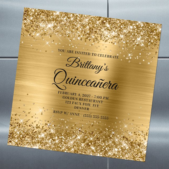 Glittery Gold Foil Quinceañera Magnetisk Inbjudningskort (Skapare uppladdad)