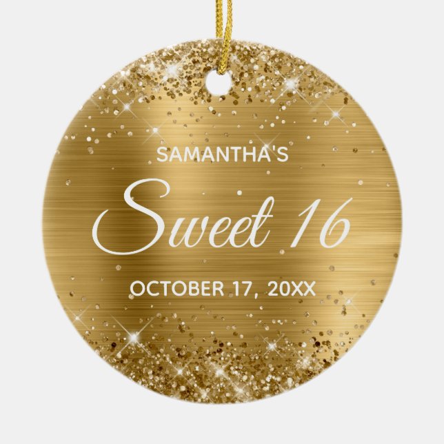 Glittery Gold Foil Sweet 16 Birthday Julgransprydnad Keramik (Framsidan)