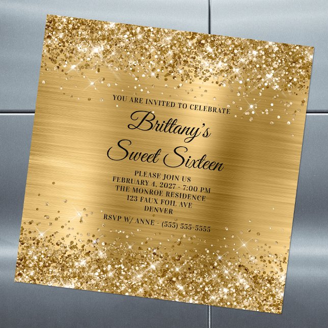 Glittery Gold Foil Sweet sixteen Magnetisk Inbjudningskort (Skapare uppladdad)