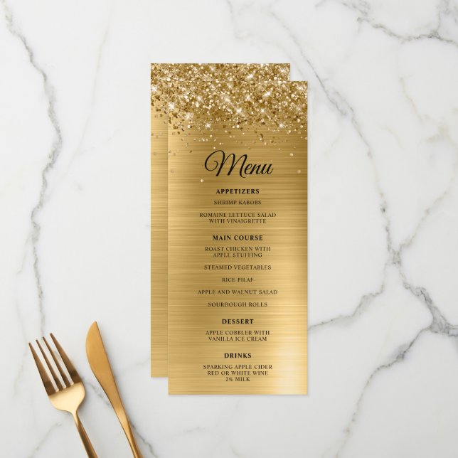 Glittery Gold Foil Wedding Reception Meny (Fram/Back In Situ)