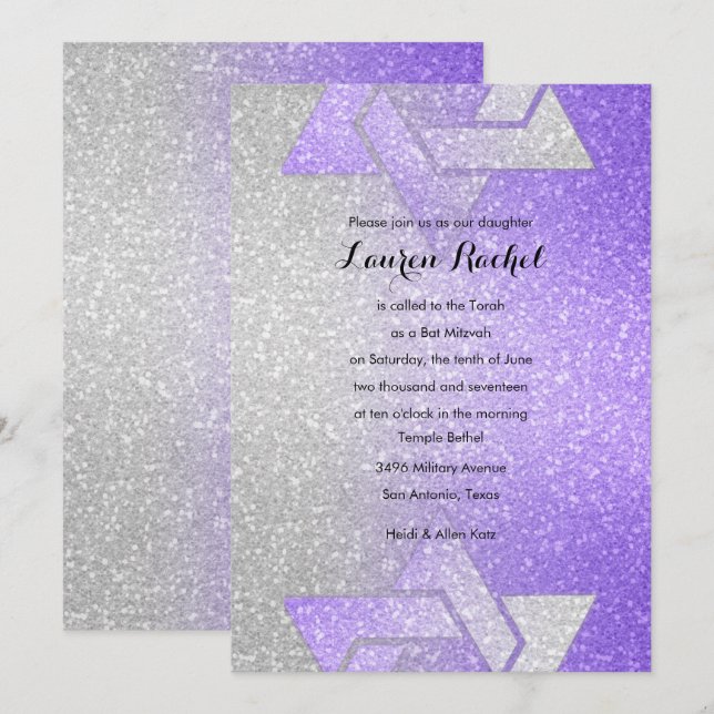 Glittery Gradient Bat mitzvah Lila Inbjudningar (Fram/baksida)